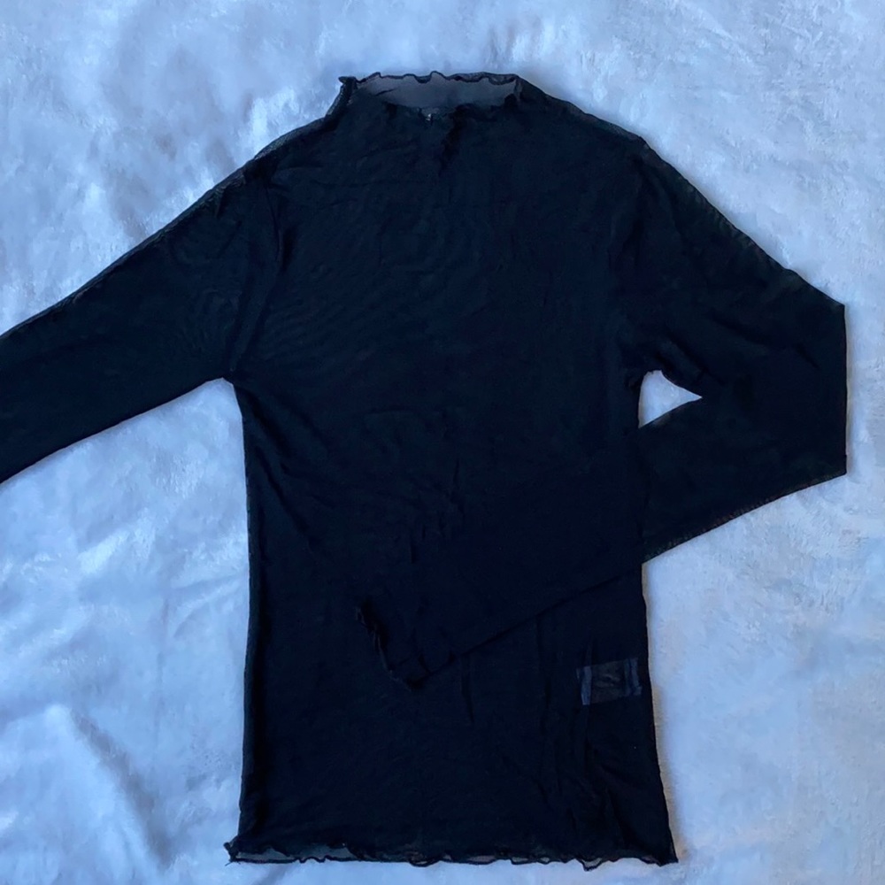 Black mesh long sleeved mock neck top